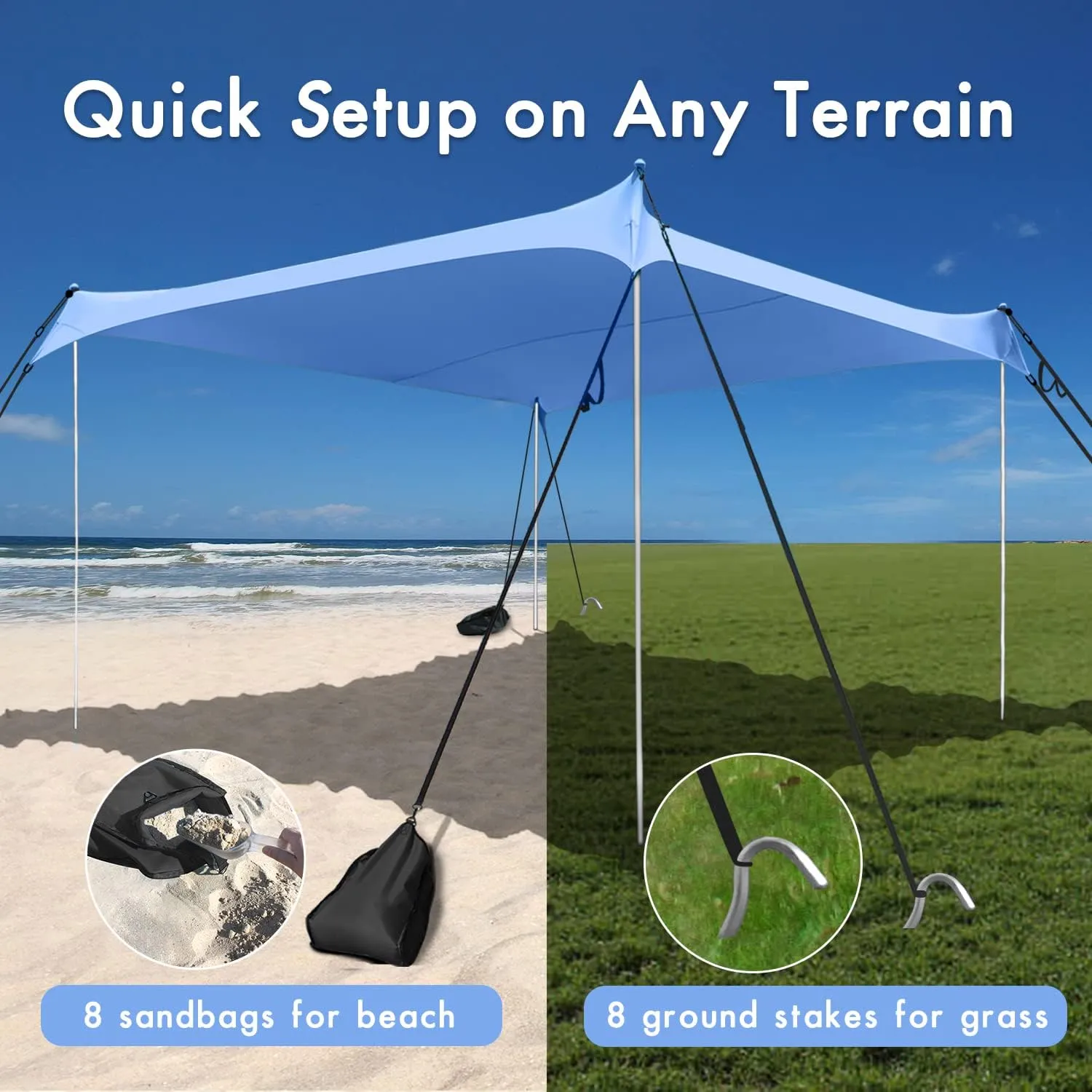 Beach Shade Windproof Design, Sun Shelter UPF50  Portable Family Canopy Tent with 8 Sandbag Anchors 10x10 FT 4 Poles Pop Up Outdoor Shelter for Beach, Camping, Fishing, Backyard and Picnics
