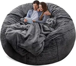 Bean Bag Chair Cover Without Filler,Big Round Soft Fluffy PV Velvet Washable Bean Bag Lazy Sofa Bed Cover for Adults,Living Room Bedroom Furniture Outside,5ft Dark Grey(No Filler)