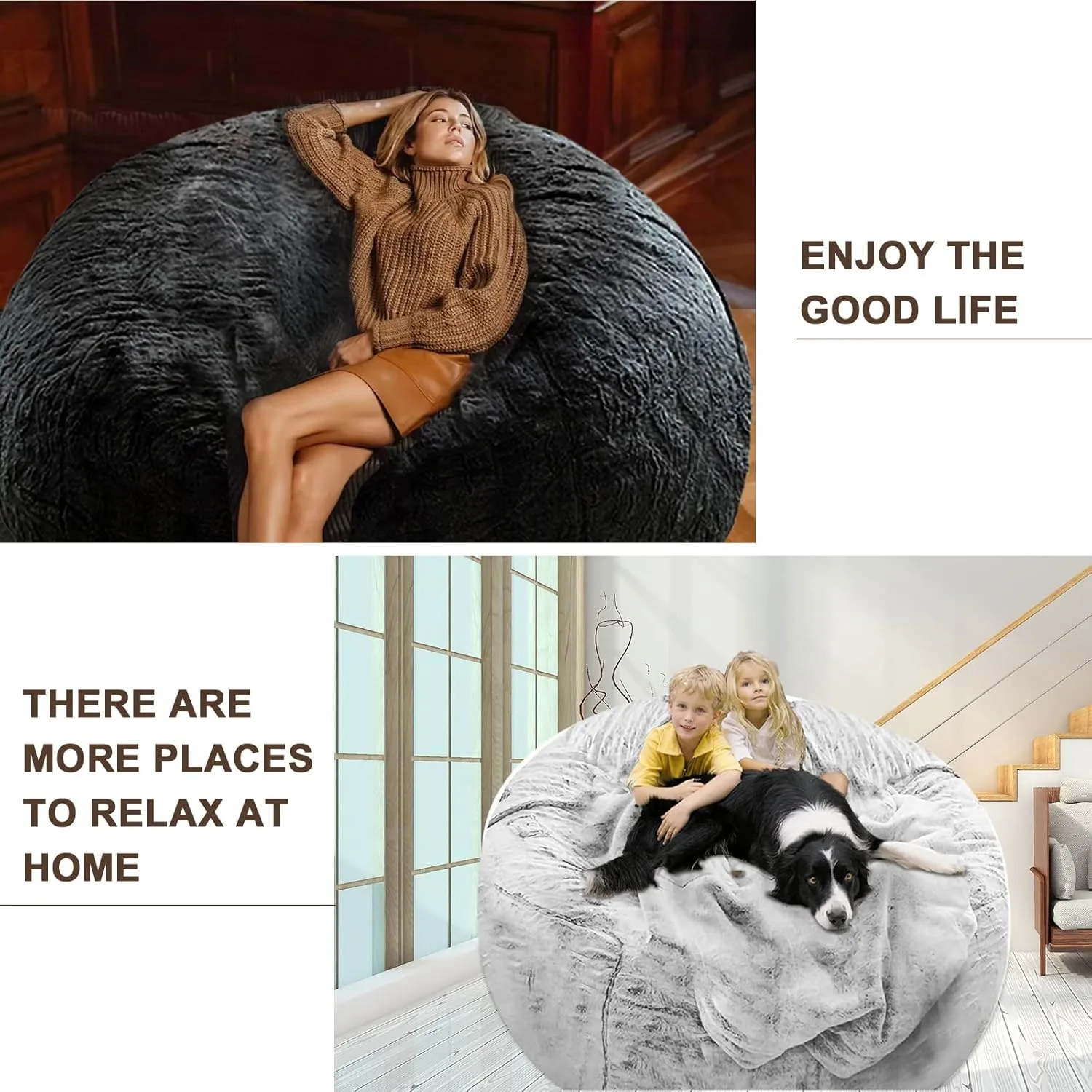 Bean Bag Chair Cover Without Filler,Big Round Soft Fluffy PV Velvet Washable Bean Bag Lazy Sofa Bed Cover for Adults,Living Room Bedroom Furniture Outside,5ft Dark Grey(No Filler)