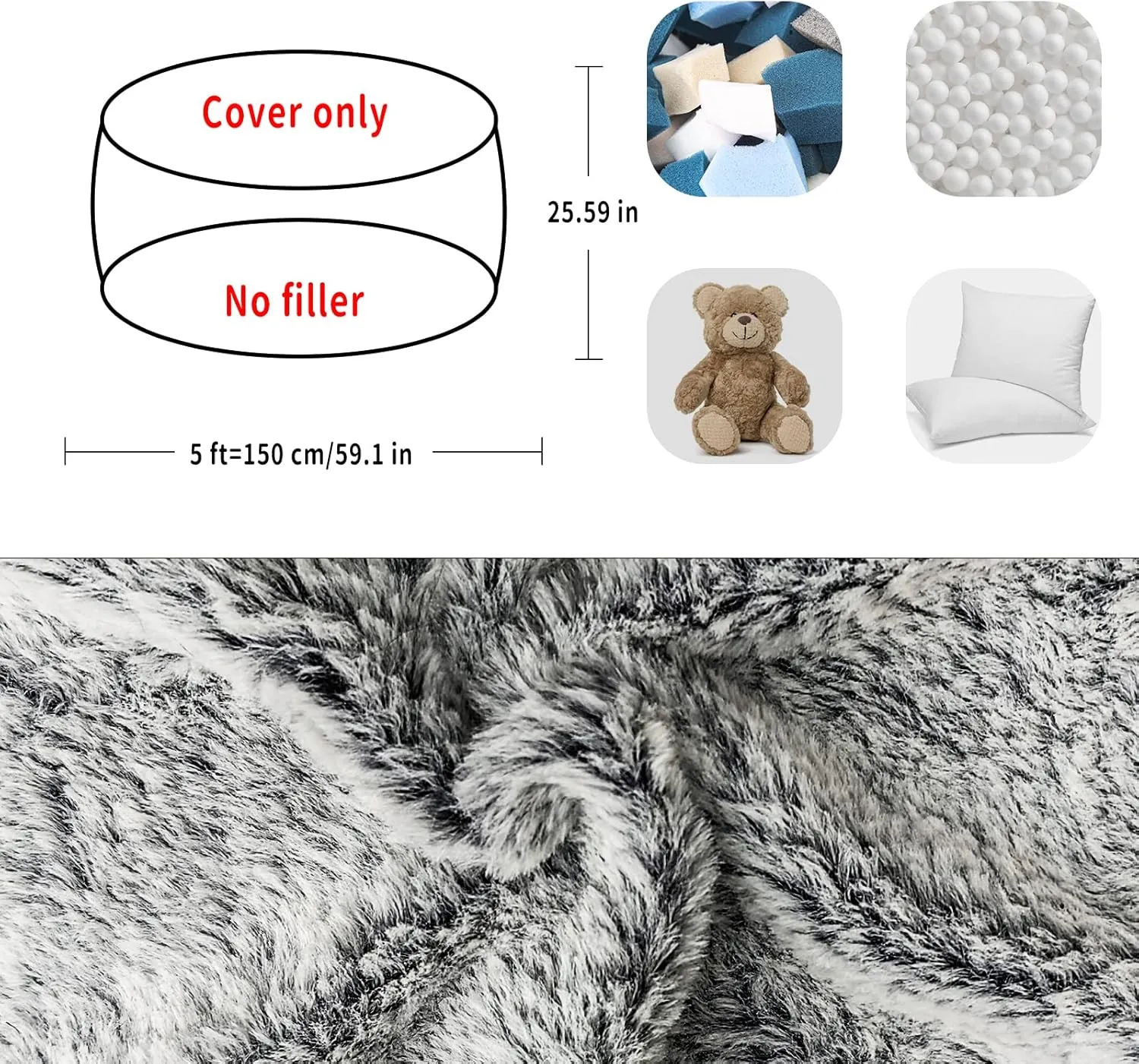 Bean Bag Chair Cover Without Filler,Big Round Soft Fluffy PV Velvet Washable Bean Bag Lazy Sofa Bed Cover for Adults,Living Room Bedroom Furniture Outside,5ft Dark Grey(No Filler)