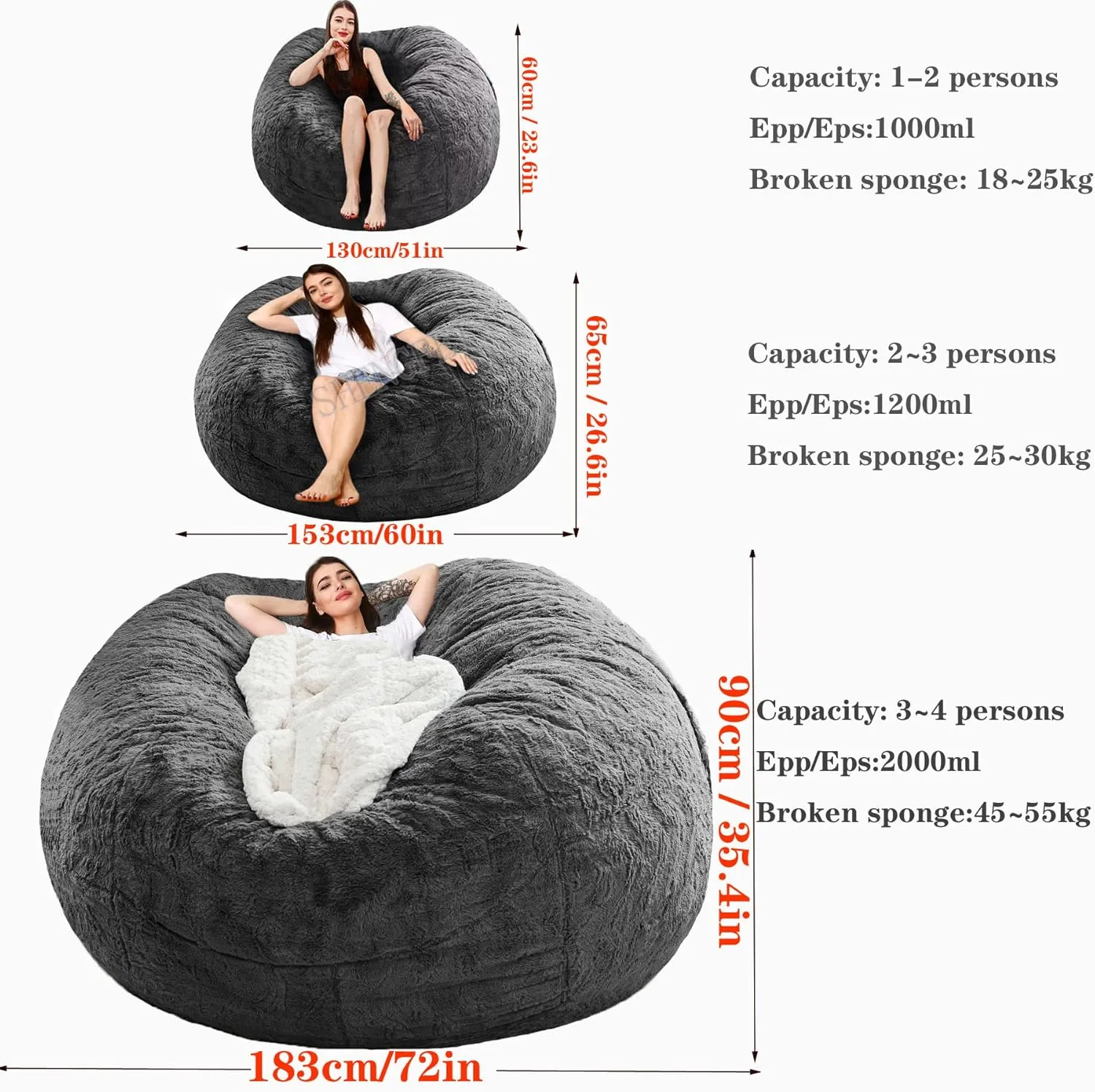 Bean Bag Sofa Cover (Dark Gray, 6FT(D153*H65cm) ONLY Cover)