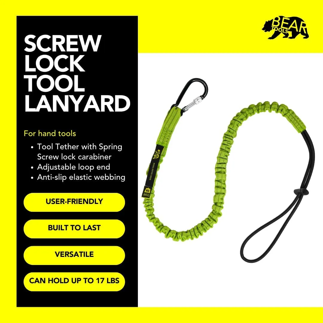 BearTOOLS Green Tool Lanyard with Aluminum Screw Lock Carabiner - Extend up to 165cm - Max Load 8KG / 17.6lb - Shock Absorbing Tool Tether for Working at Height, Scaffolding (3-Pack)