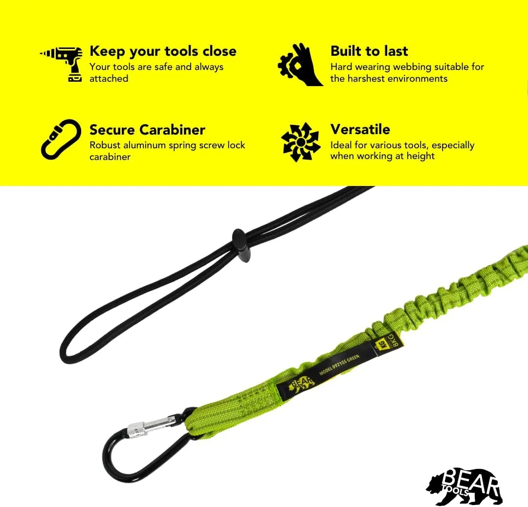 BearTOOLS Green Tool Lanyard with Aluminum Screw Lock Carabiner - Extend up to 165cm - Max Load 8KG / 17.6lb - Shock Absorbing Tool Tether for Working at Height, Scaffolding (3-Pack)