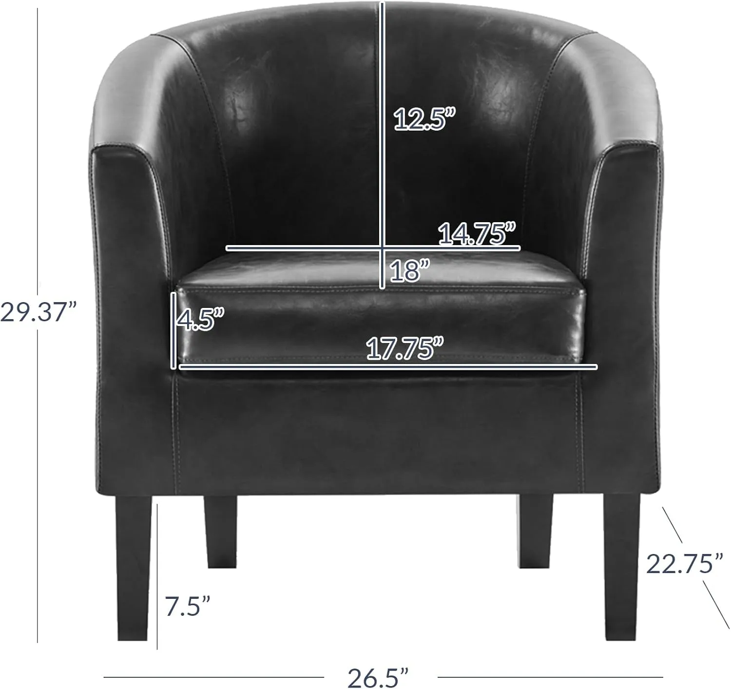 BELLEZE Living Room Chair, Faux Leather Round Accent Barrel Chair, Club Tub Sofa Chair for Bedroom, Corner Chair with Flared Legs and Cozy Soft Padding - Highland (Black)