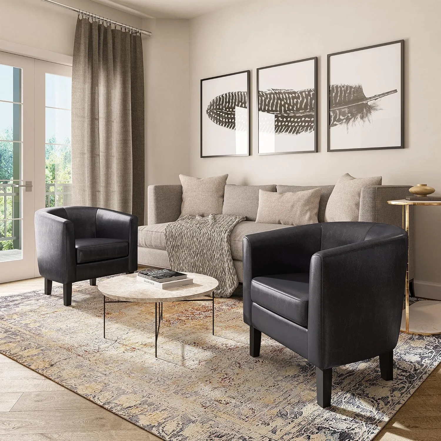 BELLEZE Living Room Chair, Faux Leather Round Accent Barrel Chair, Club Tub Sofa Chair for Bedroom, Corner Chair with Flared Legs and Cozy Soft Padding - Highland (Black)