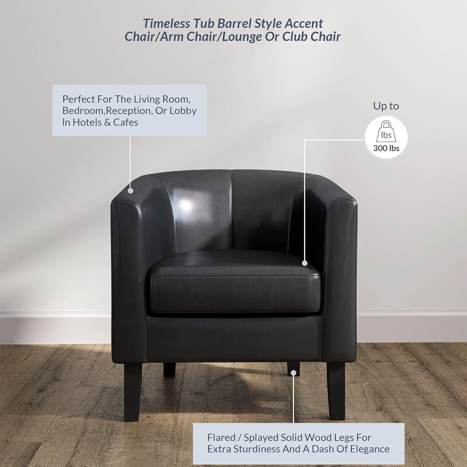 BELLEZE Living Room Chair, Faux Leather Round Accent Barrel Chair, Club Tub Sofa Chair for Bedroom, Corner Chair with Flared Legs and Cozy Soft Padding - Highland (Black)