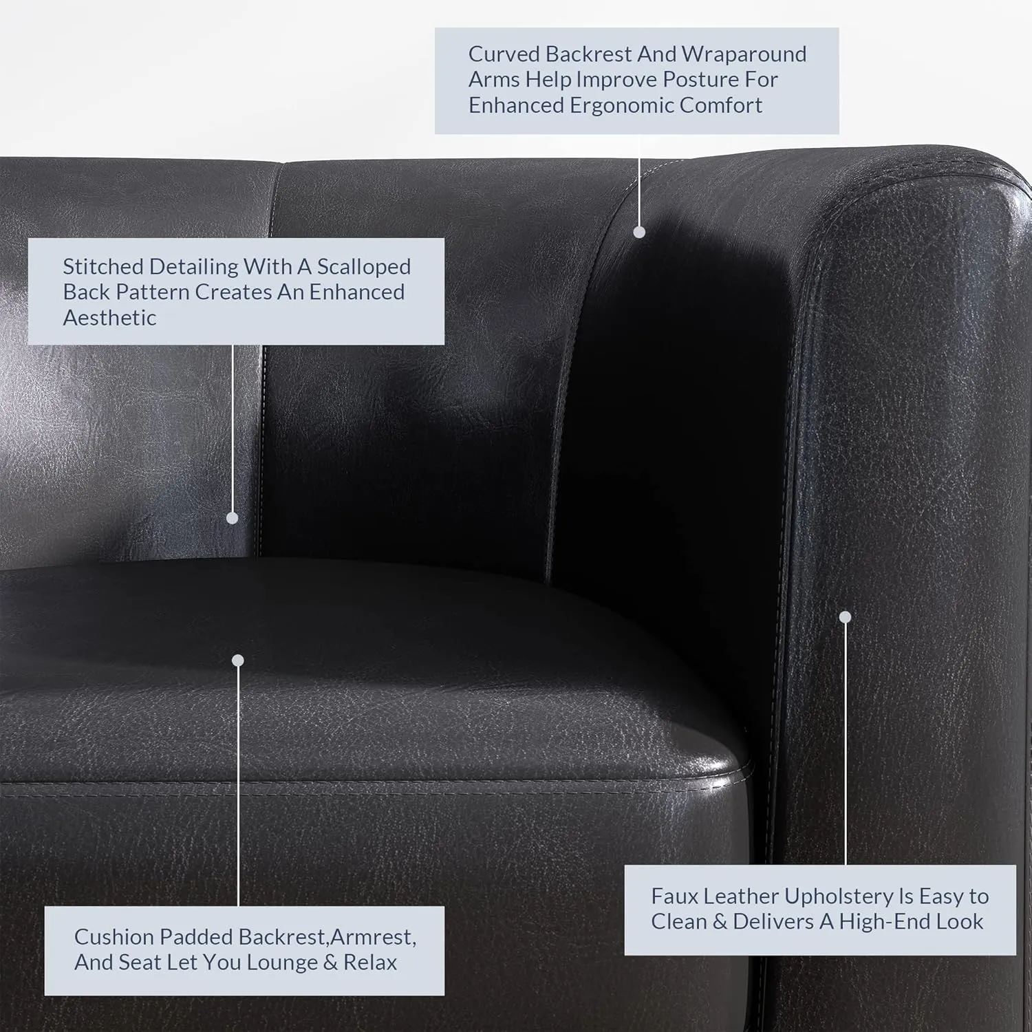 BELLEZE Living Room Chair, Faux Leather Round Accent Barrel Chair, Club Tub Sofa Chair for Bedroom, Corner Chair with Flared Legs and Cozy Soft Padding - Highland (Black)