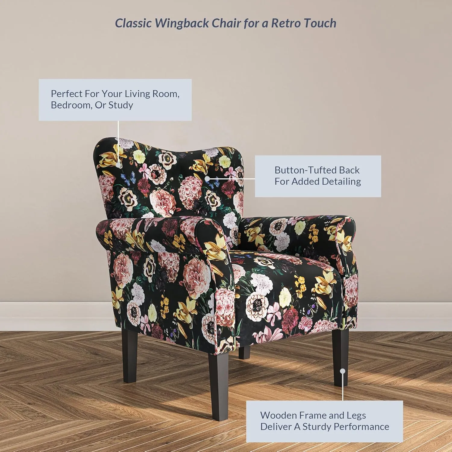 BELLEZE Modern Accent Chair for Living Room, High Back Linen Armchair with Wooden Legs, Upholstered Wingback Side Chair Padded Armrest Single Sofa for Living Room, Bedroom - Allston (Black & Flower)