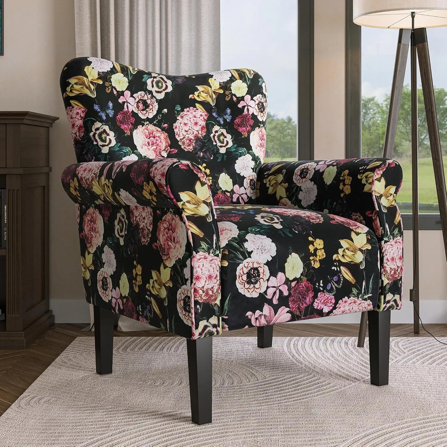 BELLEZE Modern Accent Chair for Living Room, High Back Linen Armchair with Wooden Legs, Upholstered Wingback Side Chair Padded Armrest Single Sofa for Living Room, Bedroom - Allston (Black & Flower)