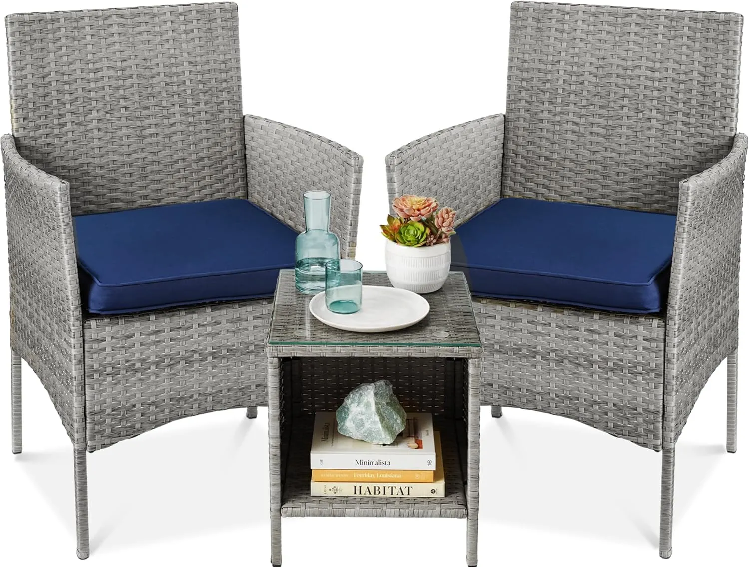Best Choice Products 3-Piece Outdoor Wicker Conversation Bistro Set, Space Saving Patio Furniture for Garden w/Side Table - Gray/Navy