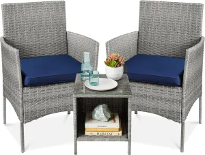 Best Choice Products 3-Piece Outdoor Wicker Conversation Bistro Set, Space Saving Patio Furniture for Garden w/Side Table - Gray/Navy