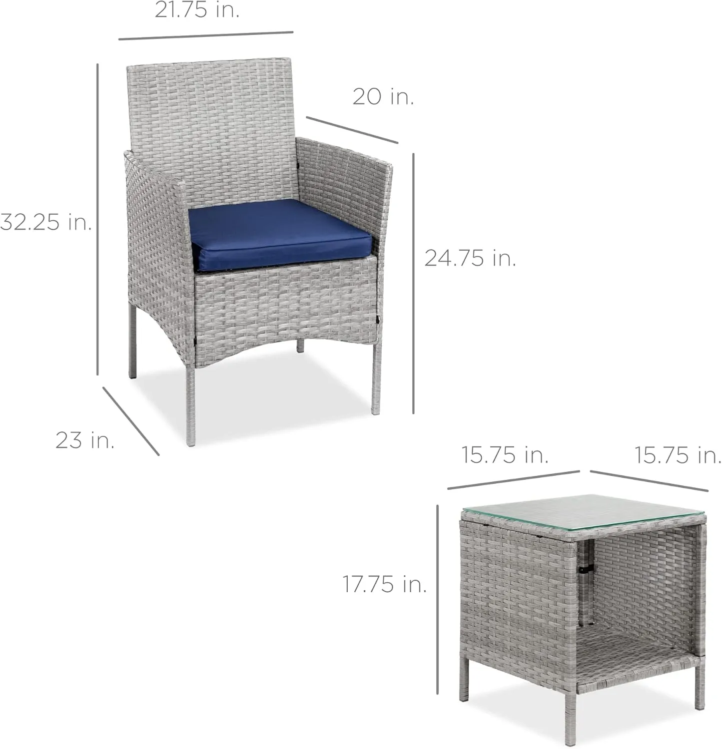 Best Choice Products 3-Piece Outdoor Wicker Conversation Bistro Set, Space Saving Patio Furniture for Garden w/Side Table - Gray/Navy