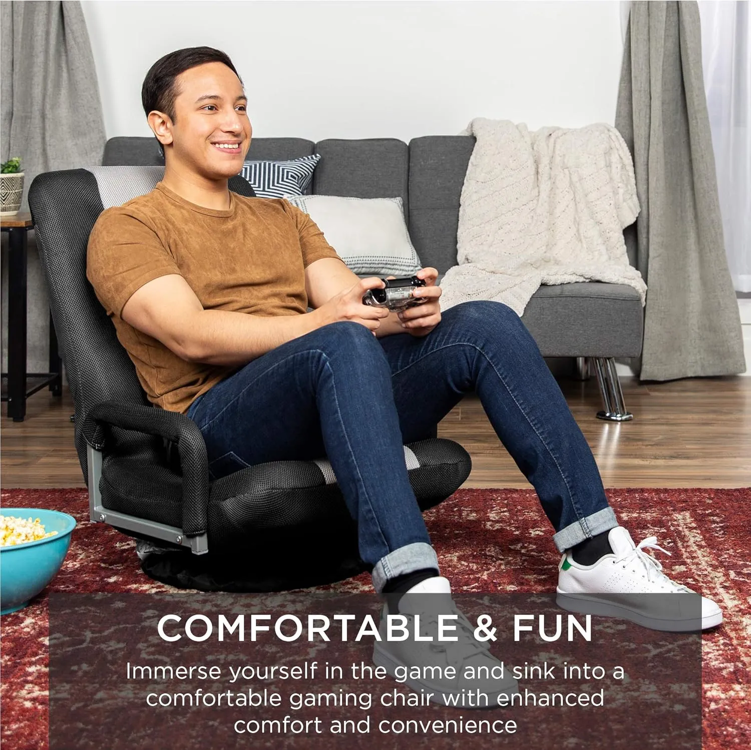 Best Choice Products Swivel Gaming Chair 360 Degree Multipurpose Floor Chair Rocker for TV, Reading, Playing Video Games w/Lumbar Support, Armrest Handles, Adjustable Backrest - Black/Gray