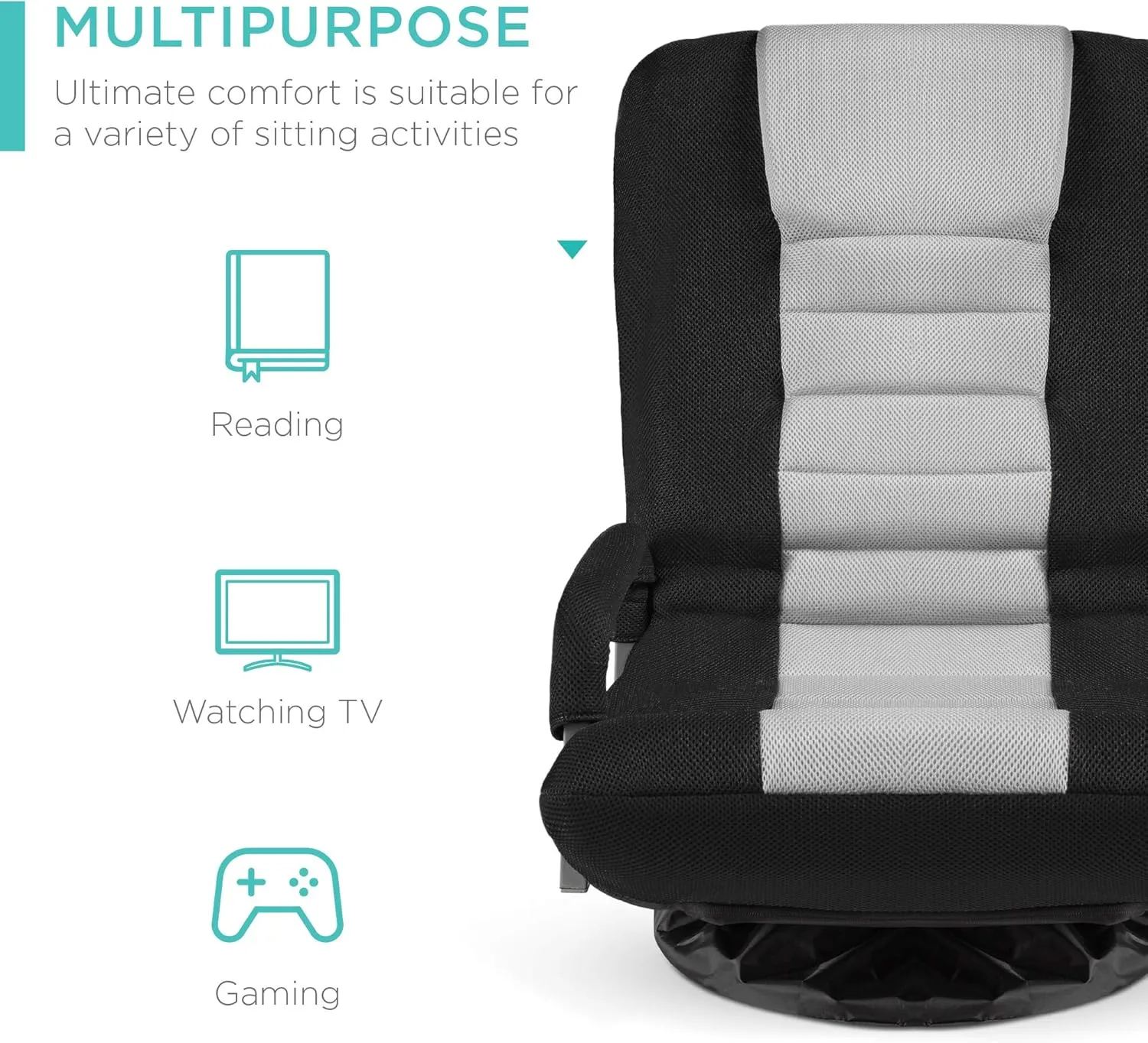 Best Choice Products Swivel Gaming Chair 360 Degree Multipurpose Floor Chair Rocker for TV, Reading, Playing Video Games w/Lumbar Support, Armrest Handles, Adjustable Backrest - Black/Gray