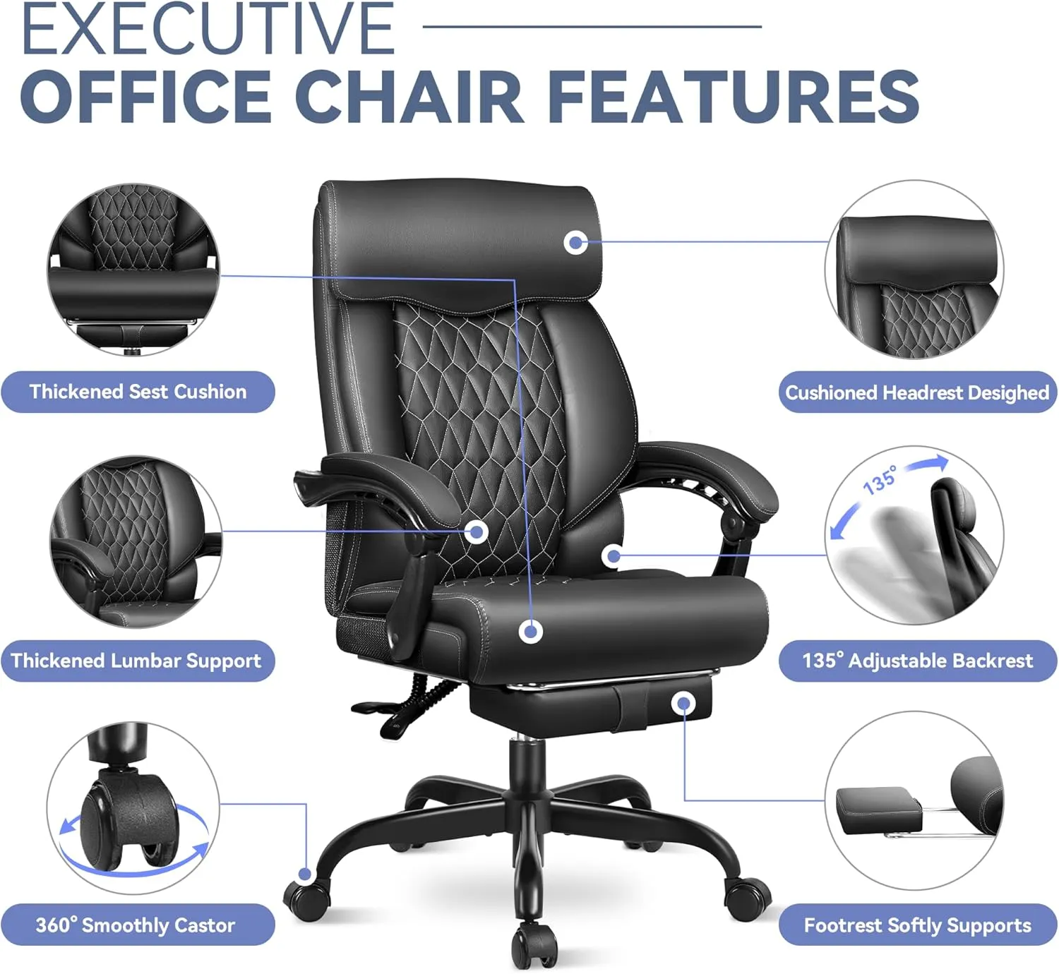 Big and Tall Executive Leather Reclining Office Chair with Footrest and Lumbar Support