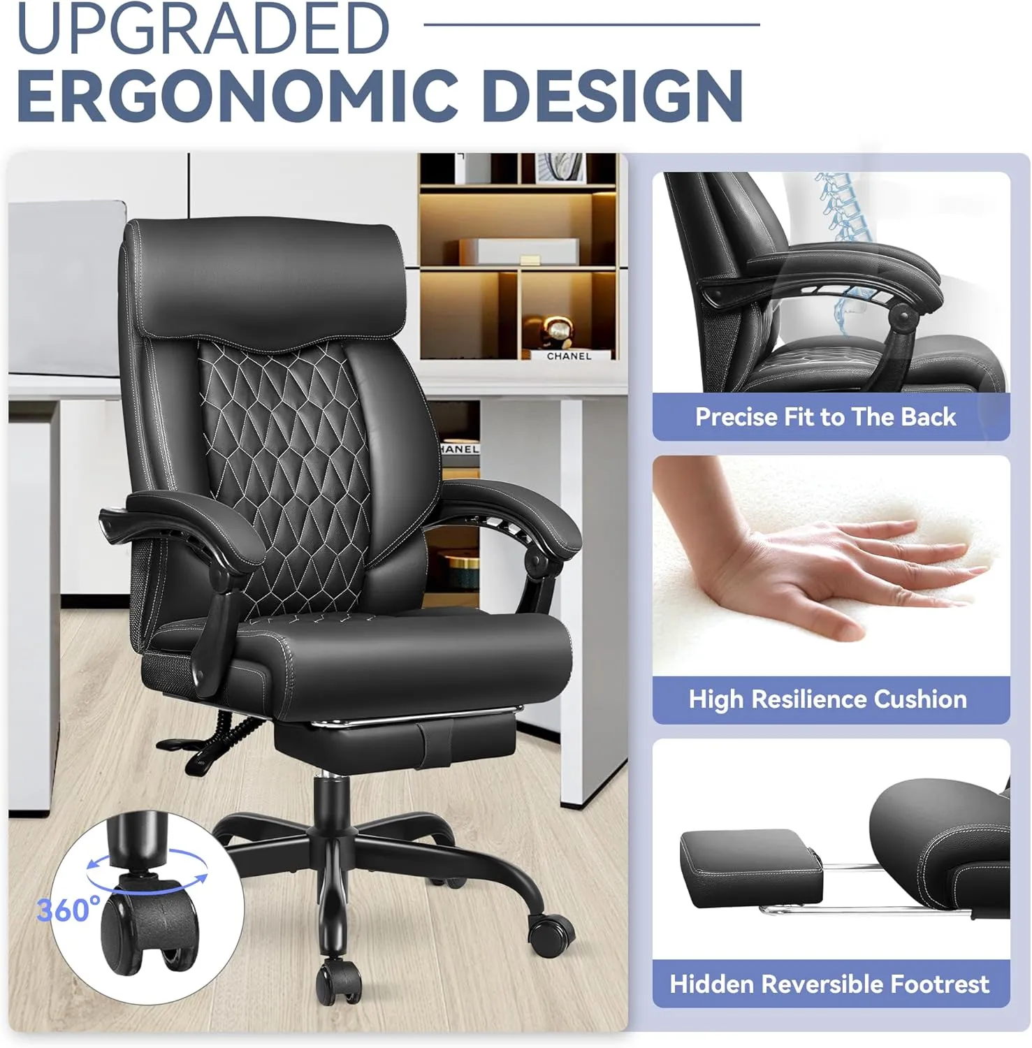 Big and Tall Executive Leather Reclining Office Chair with Footrest and Lumbar Support