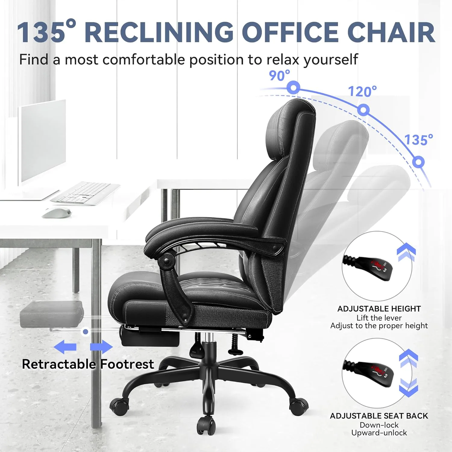 Big and Tall Executive Leather Reclining Office Chair with Footrest and Lumbar Support