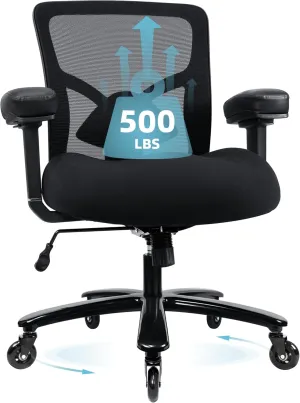 Big and Tall Office Chair 500lbs - Ergonomic Mesh Desk Chair, Heavy Duty Computer Chair-Wide Thick Seat Cushion, Adjustable Lumbar Support, Metal Base, Rubber Wheels, 4D Armrests, Black