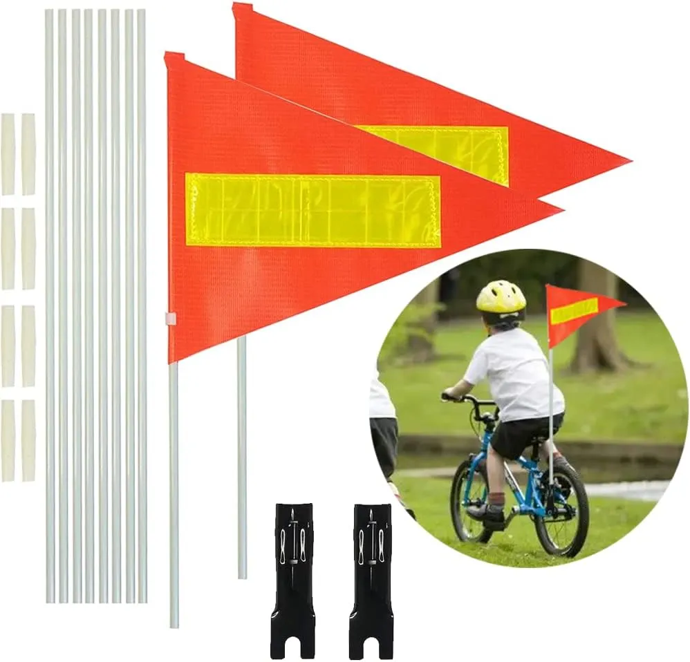 Bike Safety Flag with Pole 2 Sets, 6-Foot Adjustable Height Sturdy Fiberglass Tear-Resistant Waterproof Orange Safety Flag (Red Yellow and White)