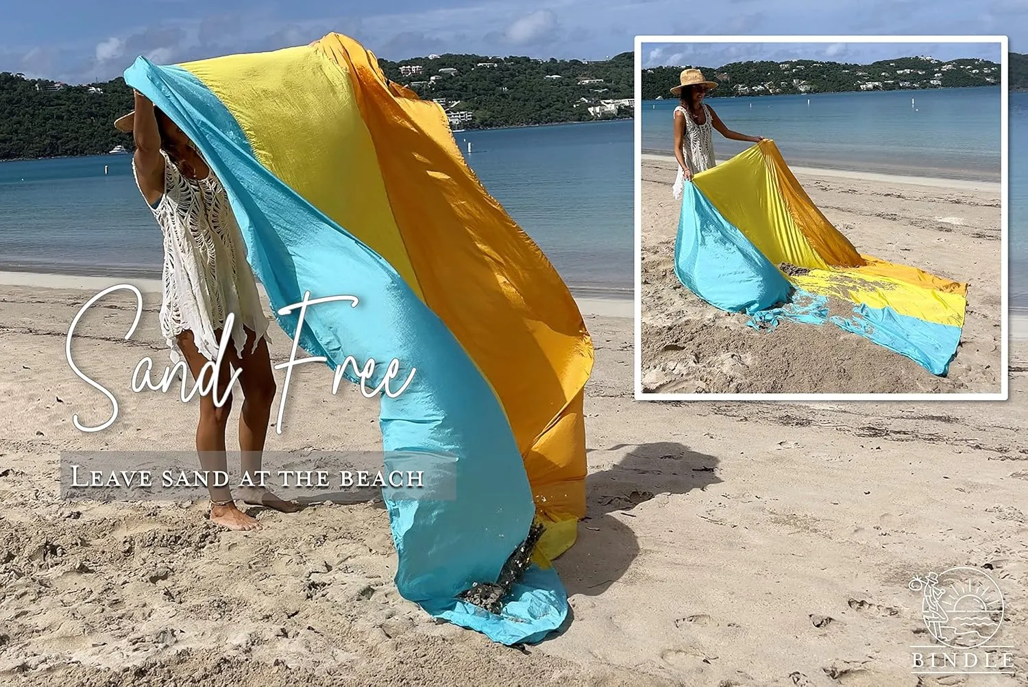 BINDLE Eco-Beach Blanket 10'x9' Extra Large, Recycled Lightweight Material, Sand Free Water Resistant Sandproof, Oversized Portable Picnic Mat for Outdoors Camping Travel, Beach Vibes