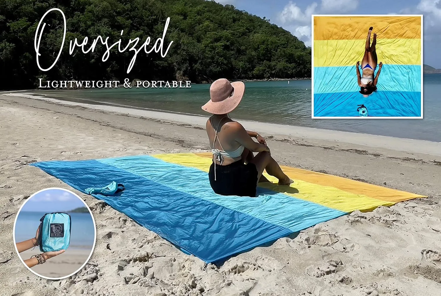 BINDLE Eco-Beach Blanket 10'x9' Extra Large, Recycled Lightweight Material, Sand Free Water Resistant Sandproof, Oversized Portable Picnic Mat for Outdoors Camping Travel, Beach Vibes