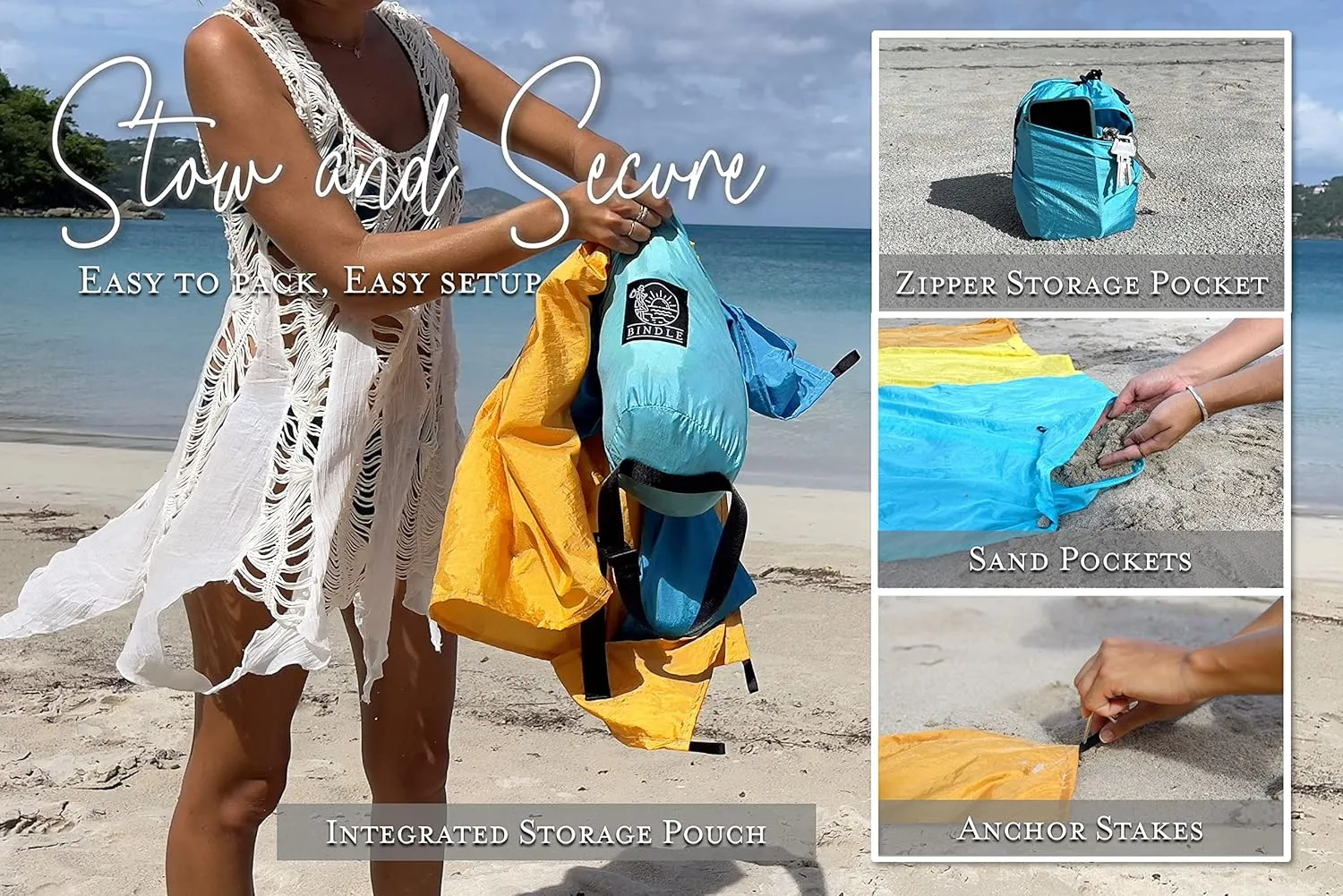 BINDLE Eco-Beach Blanket 10'x9' Extra Large, Recycled Lightweight Material, Sand Free Water Resistant Sandproof, Oversized Portable Picnic Mat for Outdoors Camping Travel, Beach Vibes