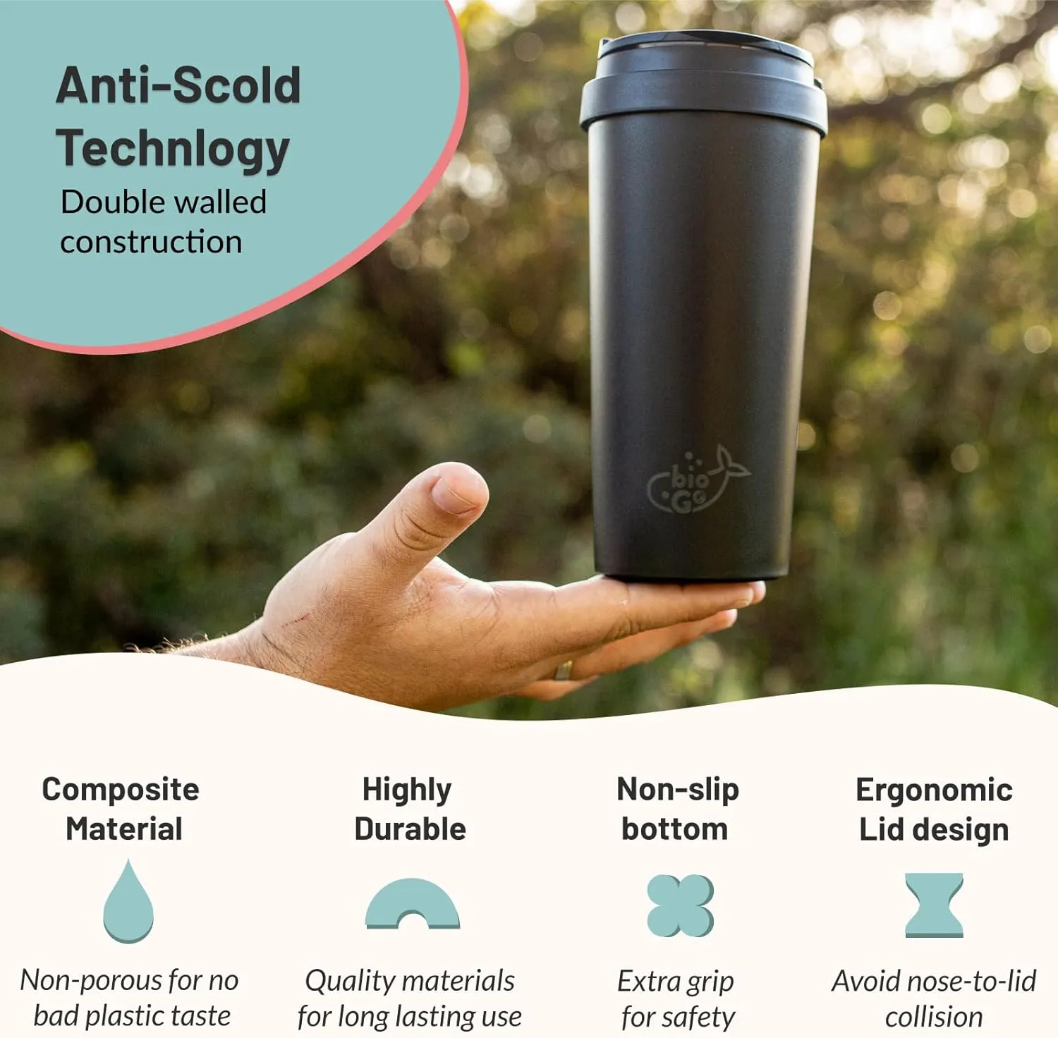 bioGo 16oz Cup, Rice Husk Fibre, BPA-Free, Double Wall Insulation Reusable Coffee Cups, On-The-Go Travel Mug, Screw Tight Lid, Textured Grip, Ultra Lightweight Microwave Tumbler (Midnight Black, 16oz)