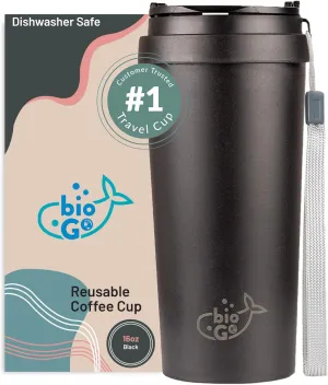 bioGo 16oz Cup, Rice Husk Fibre, BPA-Free, Double Wall Insulation Reusable Coffee Cups, On-The-Go Travel Mug, Screw Tight Lid, Textured Grip, Ultra Lightweight Microwave Tumbler (Midnight Black, 16oz)