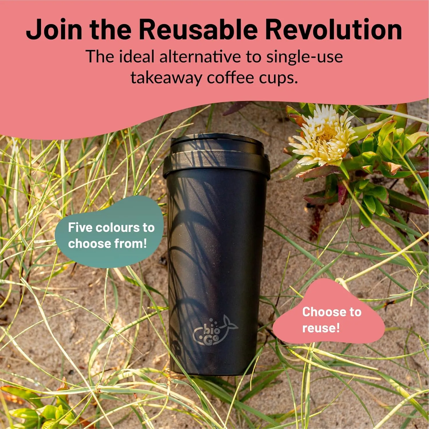 bioGo 16oz Cup, Rice Husk Fibre, BPA-Free, Double Wall Insulation Reusable Coffee Cups, On-The-Go Travel Mug, Screw Tight Lid, Textured Grip, Ultra Lightweight Microwave Tumbler (Midnight Black, 16oz)