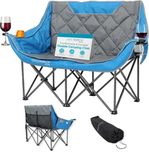 BIRDROCK HOME Double Camping Chair - Double Wine & Cup Holders - Blue & Grey, Durable Padded Fabric, Sturdy Frame, 650 lb Cap. Storage, Spacious Camping Sofa, Loveseat for The Beach, Sports, Outdoors