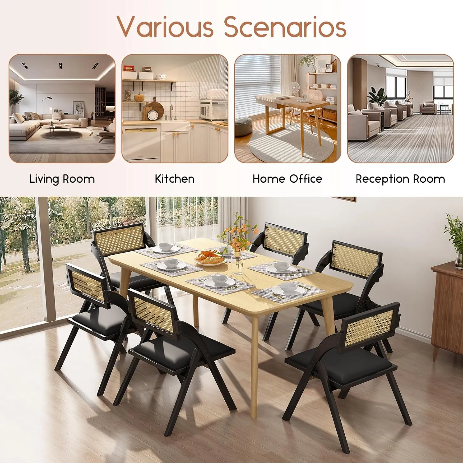 Black Folding Dining Chairs Set of 4, Wooden Foldable Chair, Modern Mid Century Leather Rattan Dining Room Chairs with Padded Cushion for Kitchen, Living Room, Small Space