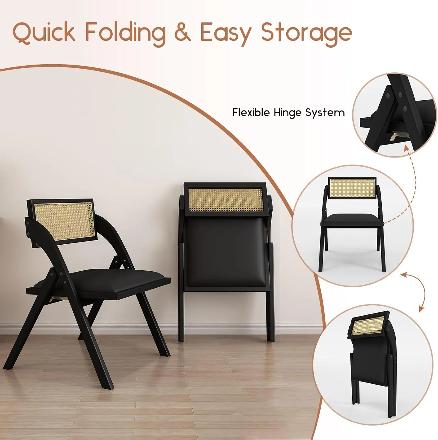 Black Folding Dining Chairs Set of 4, Wooden Foldable Chair, Modern Mid Century Leather Rattan Dining Room Chairs with Padded Cushion for Kitchen, Living Room, Small Space
