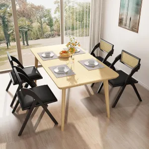 Black Folding Dining Chairs Set of 4, Wooden Foldable Chair, Modern Mid Century Leather Rattan Dining Room Chairs with Padded Cushion for Kitchen, Living Room, Small Space