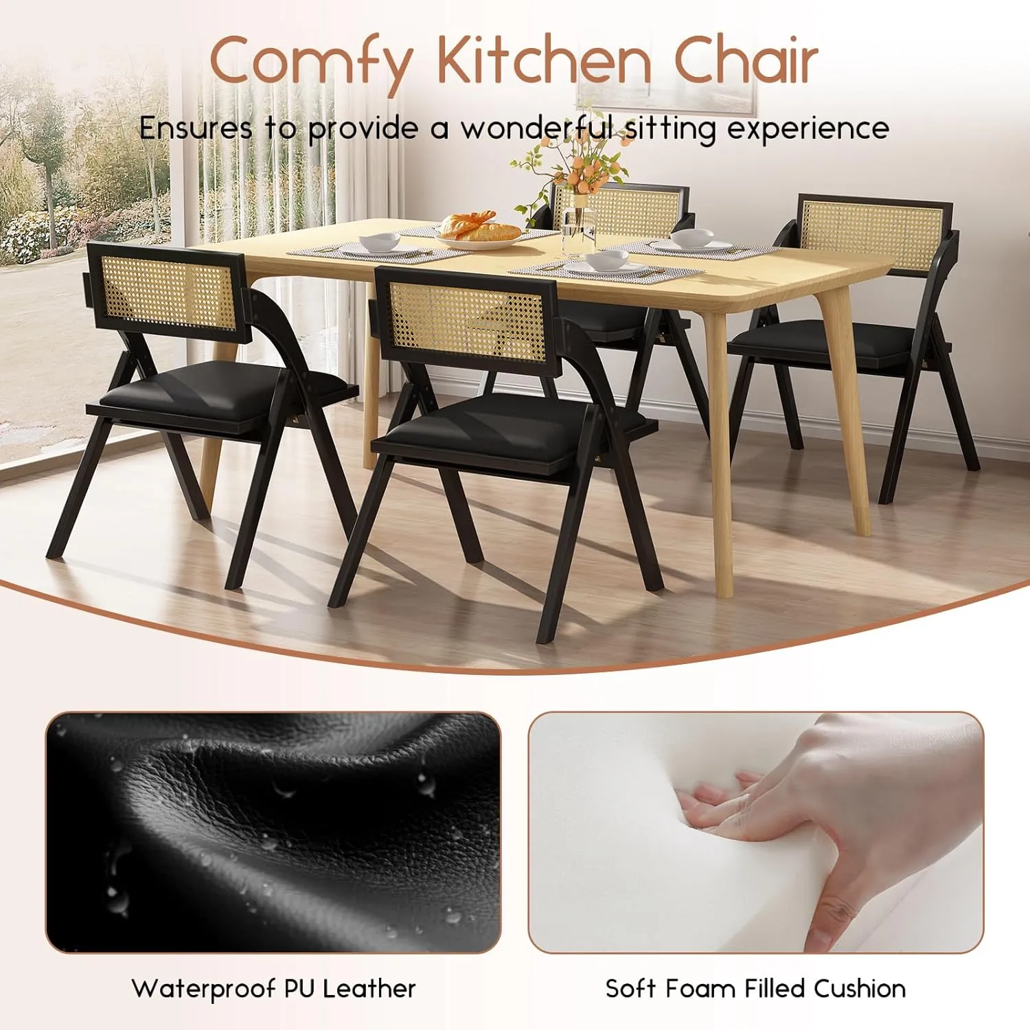 Black Folding Dining Chairs Set of 4, Wooden Foldable Chair, Modern Mid Century Leather Rattan Dining Room Chairs with Padded Cushion for Kitchen, Living Room, Small Space
