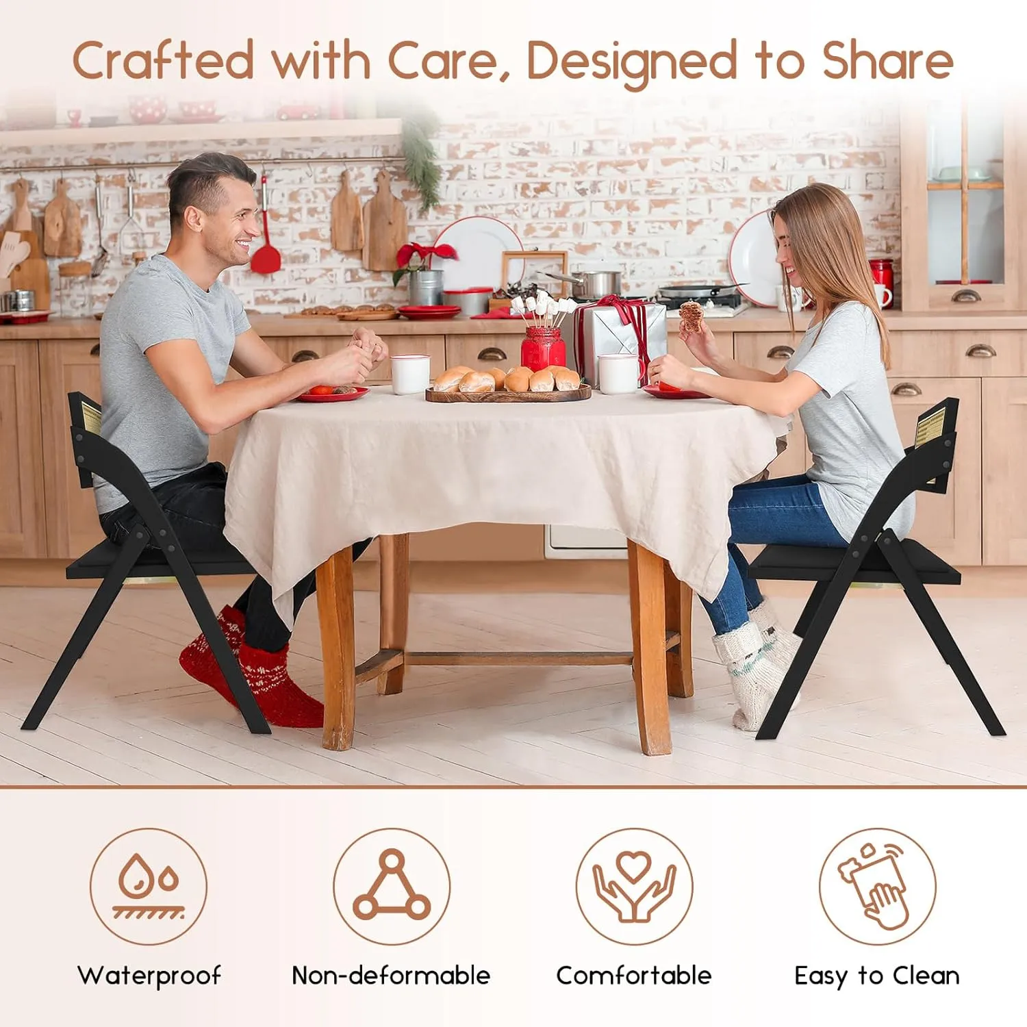 Black Folding Dining Chairs Set of 4, Wooden Foldable Chair, Modern Mid Century Leather Rattan Dining Room Chairs with Padded Cushion for Kitchen, Living Room, Small Space