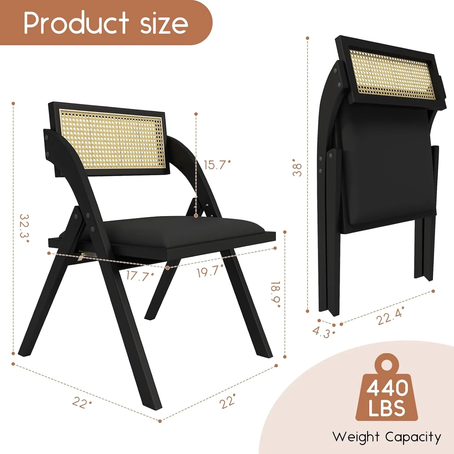 Black Folding Dining Chairs Set of 4, Wooden Foldable Chair, Modern Mid Century Leather Rattan Dining Room Chairs with Padded Cushion for Kitchen, Living Room, Small Space