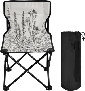 Black White Flowering Portable Outdoor Folding Chair Anti-Slip Padded Oxford Cloth Stool Camping Chair Small for Beach Hiking Fishing Gardening Quad Camp Chair