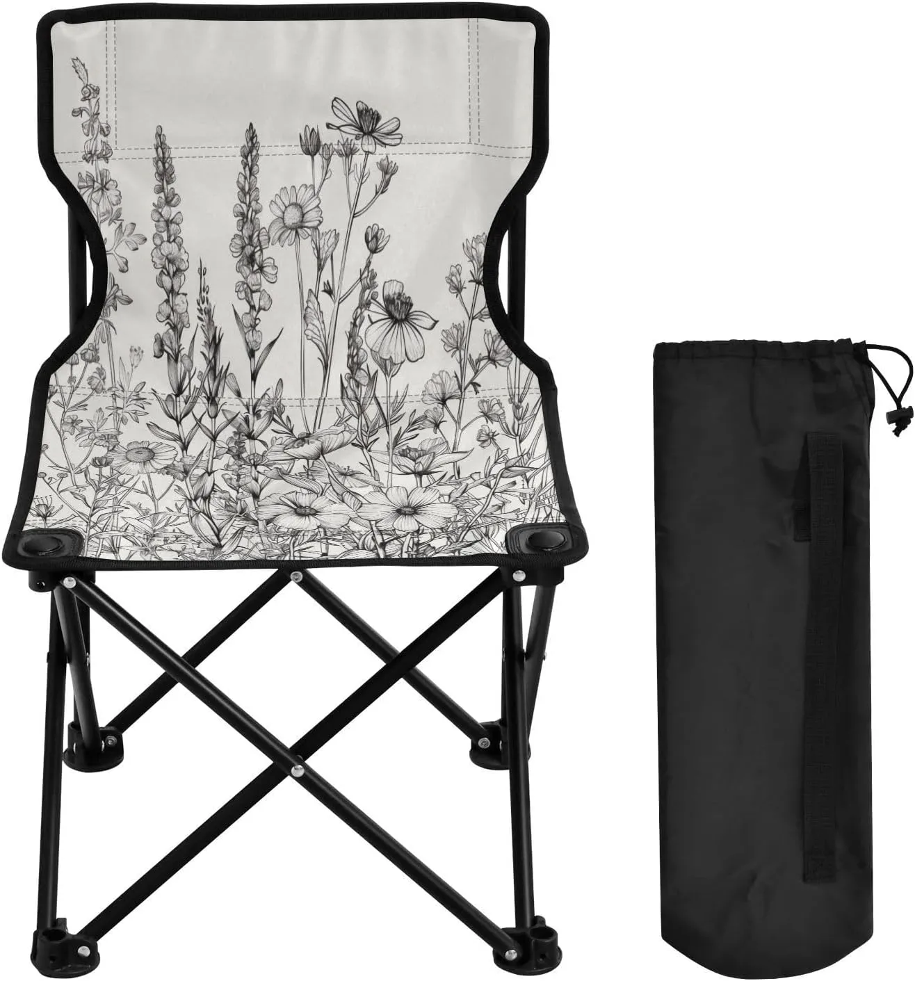 Black White Flowering Portable Outdoor Folding Chair Anti-Slip Padded Oxford Cloth Stool Camping Chair Small for Beach Hiking Fishing Gardening Quad Camp Chair