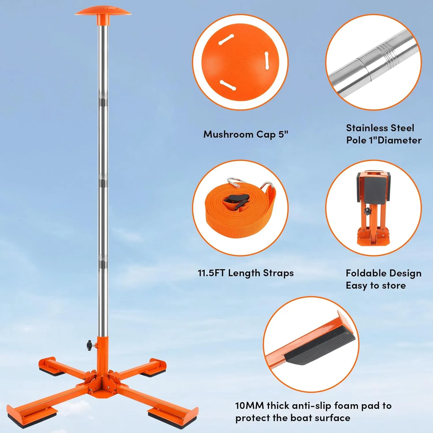 Boat Cover Support Poles Heavy Duty, 16” to 59” Stainless Steel Telescoping Boat Cover Support System with Metal Cross Base, Adjustable Strap - Orange