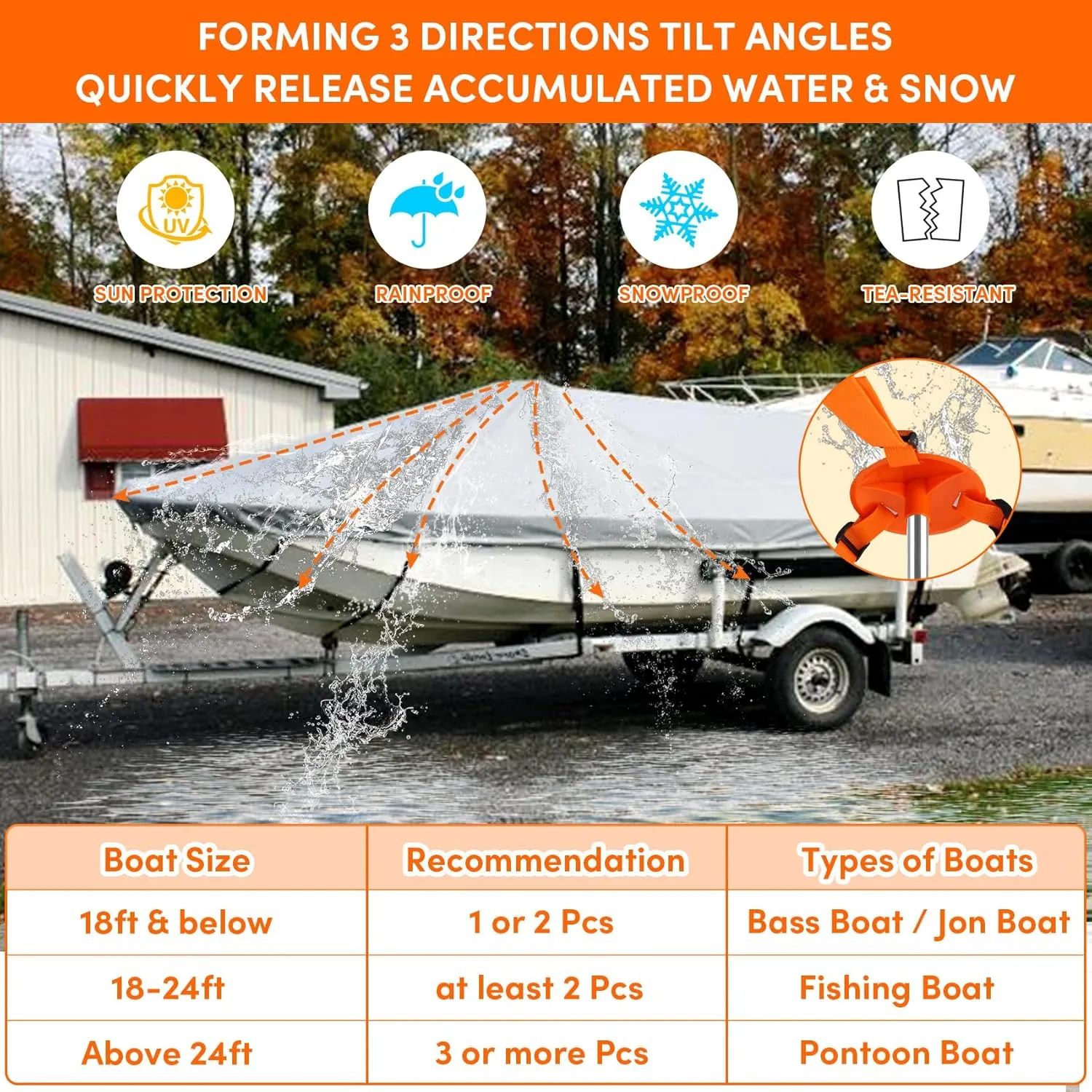 Boat Cover Support Poles Heavy Duty, 16” to 59” Stainless Steel Telescoping Boat Cover Support System with Metal Cross Base, Adjustable Strap - Orange