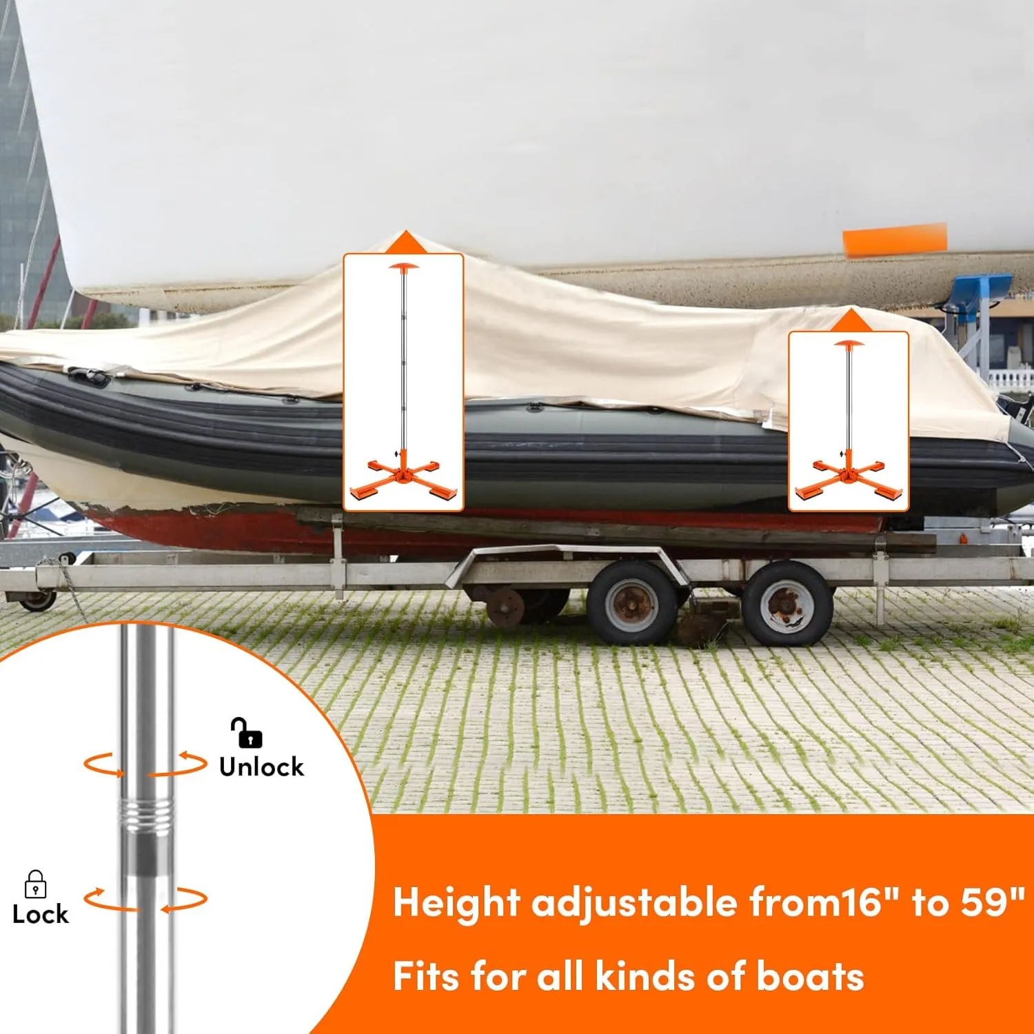Boat Cover Support Poles Heavy Duty, 16” to 59” Stainless Steel Telescoping Boat Cover Support System with Metal Cross Base, Adjustable Strap - Orange