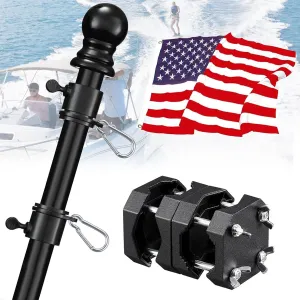 Boat Flag Pole Kit with 12x18'' Marine American Flag - 15-48" Adjustable Stainless Steel Boat Flag Pole with Rod Holder for 0.5-1.18''Rail Mount,Heavy Duty Rustproof for Boats,Yacht,Truck