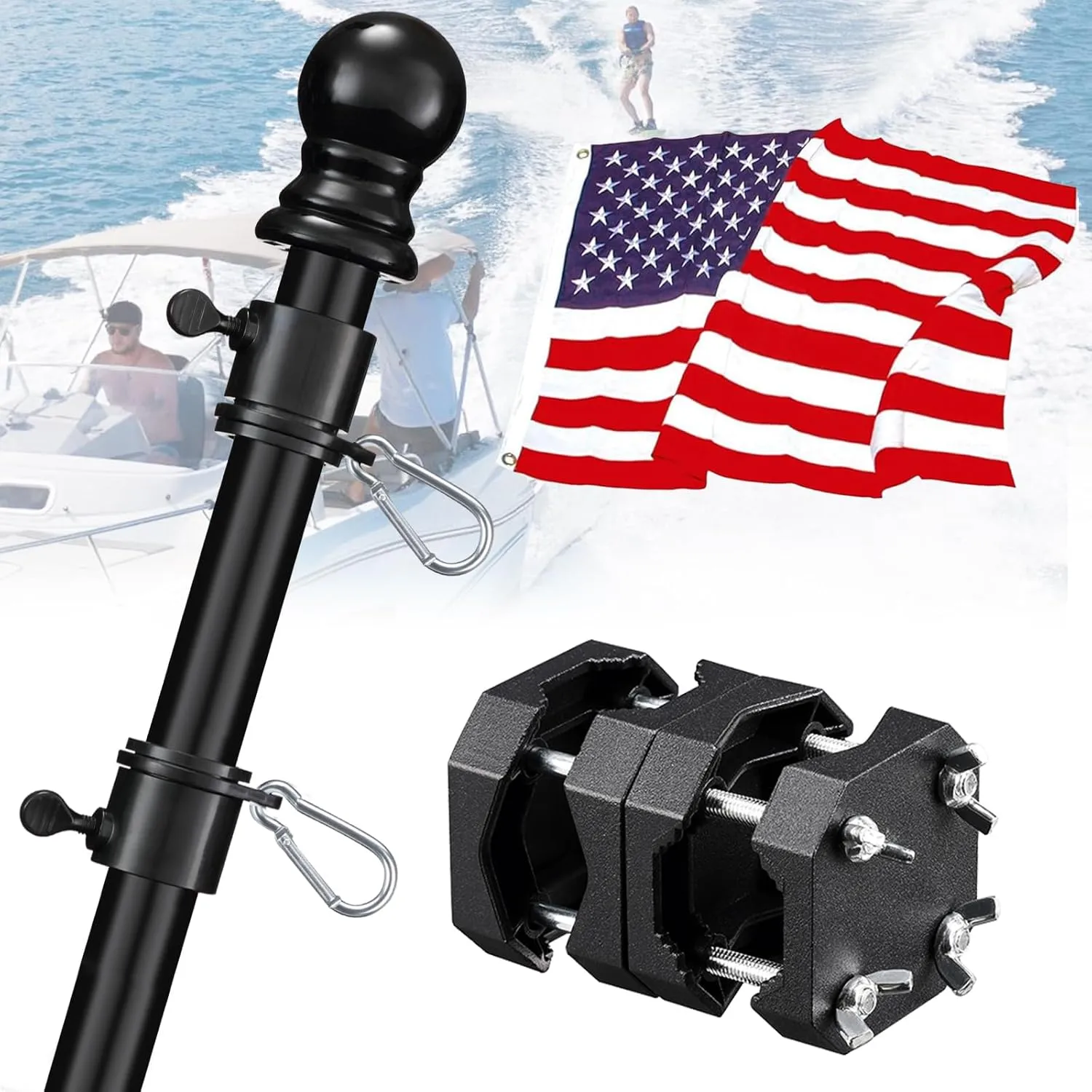 Boat Flag Pole Kit with 12x18'' Marine American Flag - 15-48" Adjustable Stainless Steel Boat Flag Pole with Rod Holder for 0.5-1.18''Rail Mount,Heavy Duty Rustproof for Boats,Yacht,Truck
