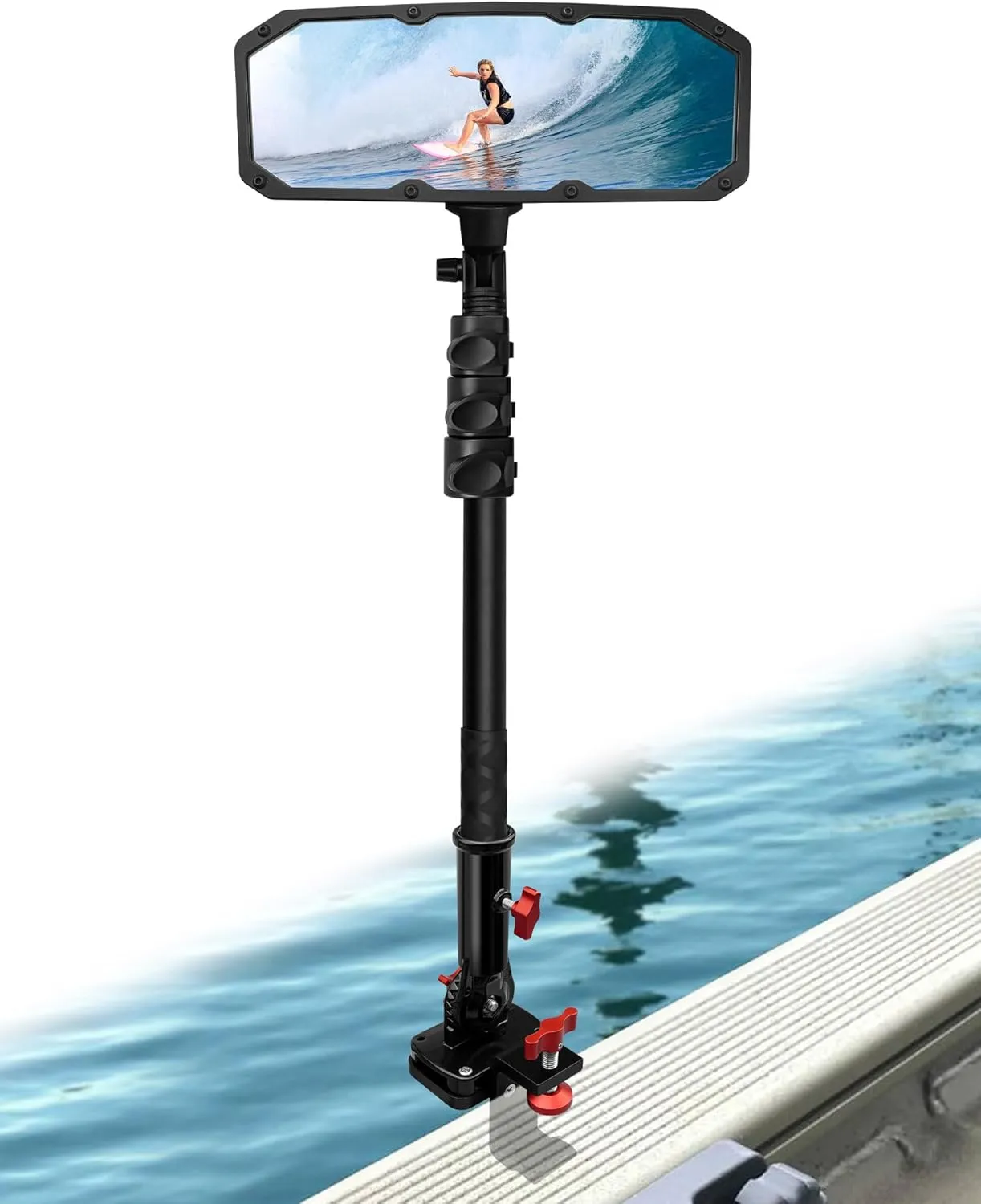 Boat Rear View Mirror 4.2" X 11.2" with Telescopic Pole and Bracket, 360° Angle Adjustable Pontoon Boat Mirror for Marine Ski Boat Water Skiing
