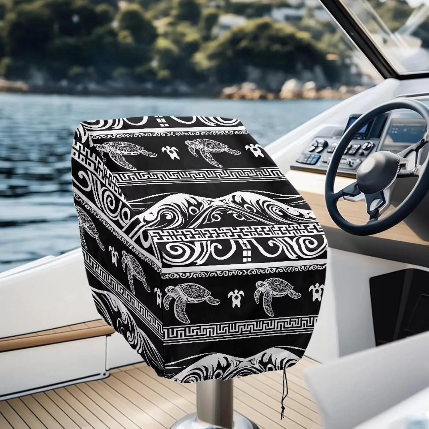 Boat Seat Cover,Waterproof Captains Chair Boat Seat Cover,Aztec Sea Turtle Pedestal Pontoon Chair Seat Cover, Full Length Protection for Your Helm Chair Cover