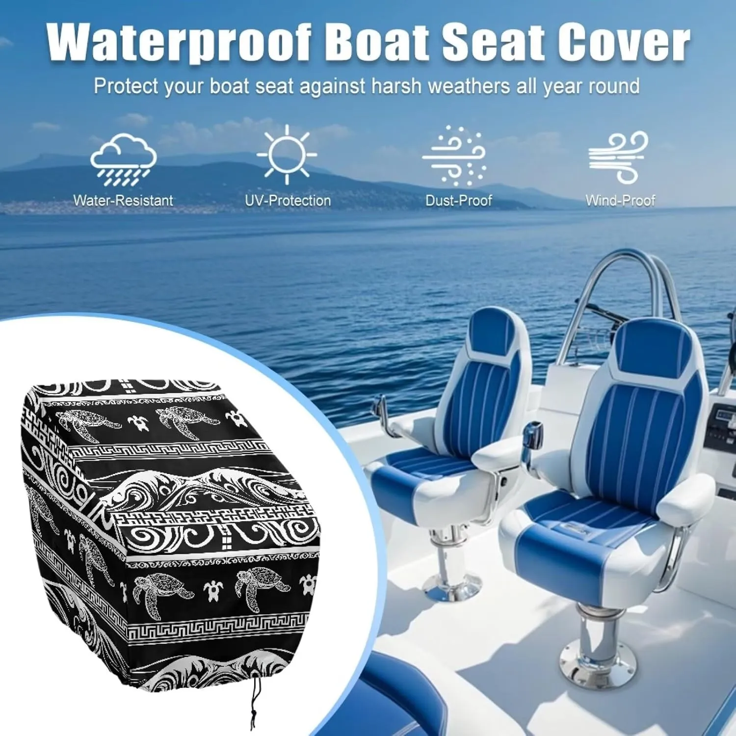 Boat Seat Cover,Waterproof Captains Chair Boat Seat Cover,Aztec Sea Turtle Pedestal Pontoon Chair Seat Cover, Full Length Protection for Your Helm Chair Cover