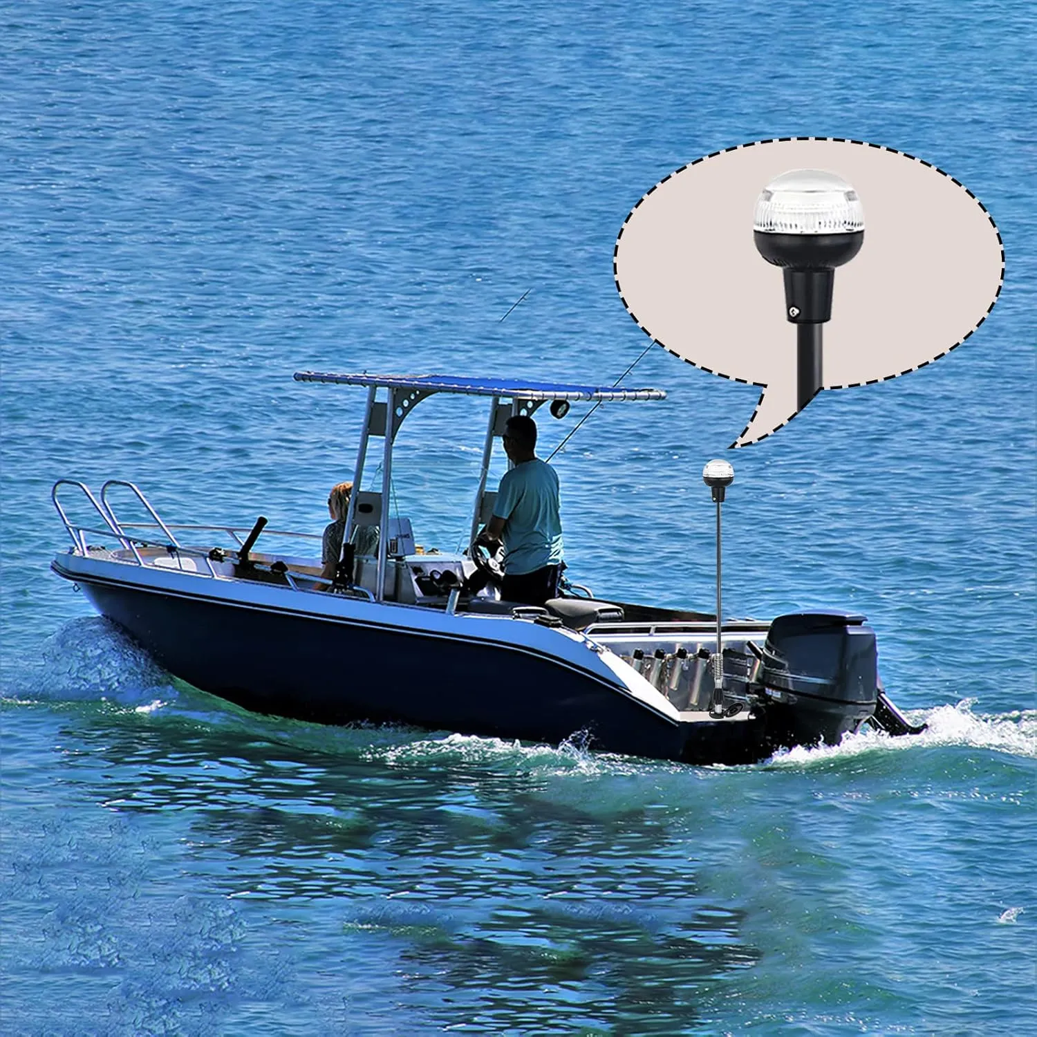 Boat Stern Light Anchor Light LED Marine Navigation Lights Spring Flexible Pole All Round White USCG 2 NM Removable 2 Pin Plug In with Threaded Base 12 Volts 36 Inches (Glass Fiber Pole)