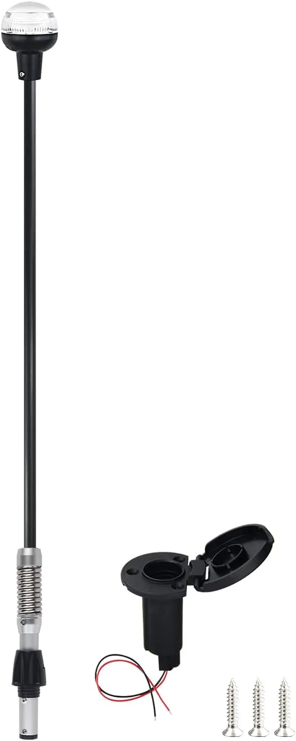 Boat Stern Light Anchor Light LED Marine Navigation Lights Spring Flexible Pole All Round White USCG 2 NM Removable 2 Pin Plug In with Threaded Base 12 Volts 36 Inches (Glass Fiber Pole)