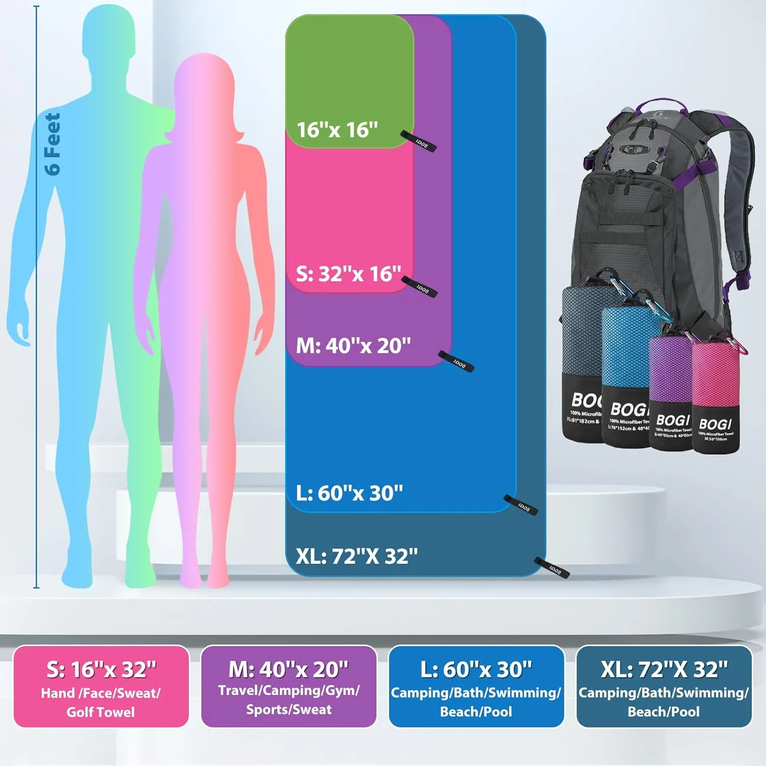 BOGI Microfiber Travel Sports Towel-Quick Dry Towel, Soft Lightweight Microfiber Camping Towel Absorbent Compact Travel Towel for Camping Gym Yoga Swimming Backpacking (XL:72''x32'' 16''x16''-Purple)