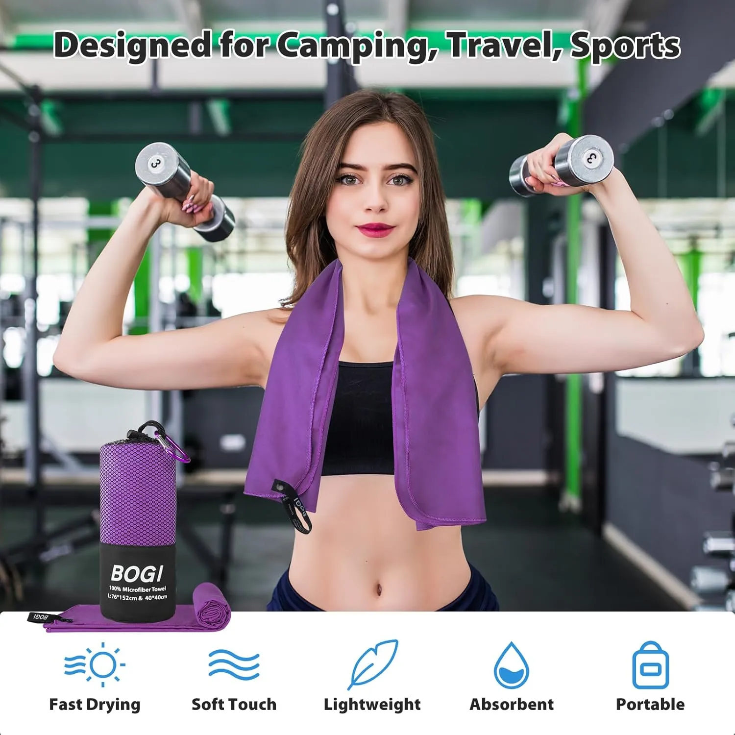 BOGI Microfiber Travel Sports Towel-Quick Dry Towel, Soft Lightweight Microfiber Camping Towel Absorbent Compact Travel Towel for Camping Gym Yoga Swimming Backpacking (XL:72''x32'' 16''x16''-Purple)